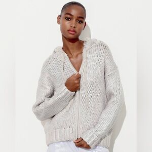 ZARA COTTON ZIP UP CARDIGAN SWEATER with HOOD RETRO MODERN CHIC Beige Silver L
